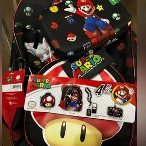 Super Mario Backpack 4pc set - backpack 17”, lunch bag, gadget case & lanyard